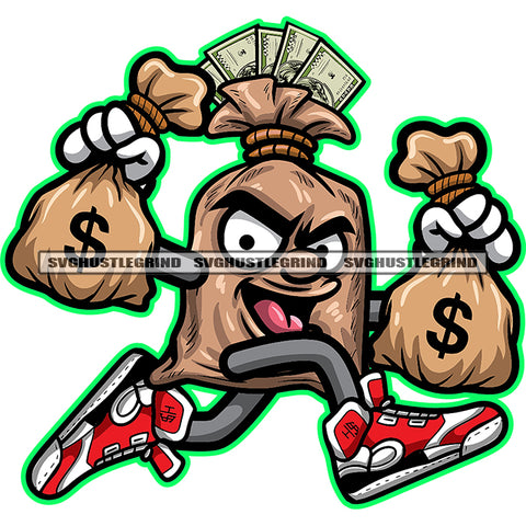 Money Bag Cartoon Character Holding Money Bag Running Vector Smile Face Design Element White Background Full Cash Dollar Notes SVG JPG PNG Vector Clipart Cricut Cutting Files