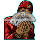 Gangster Black Man Showing Money Cash Flex Hard Winter Hat Gold Rings Thug Brag Vector Man Hide Face White Background SVG JPG PNG Vector Clipart Cricut Cutting Files