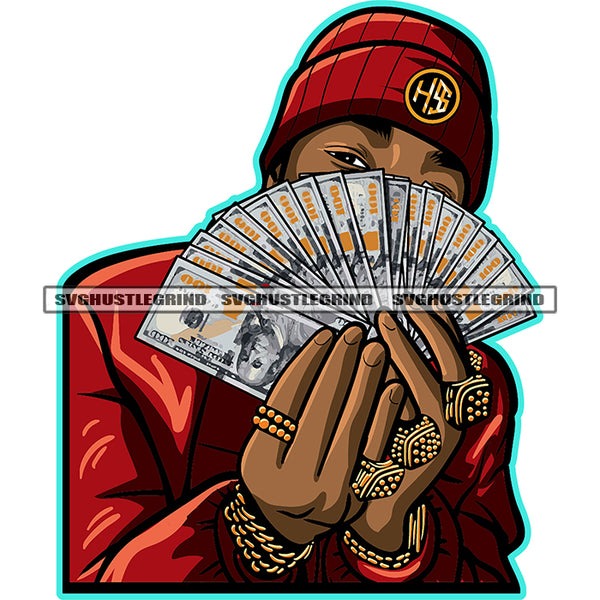 Gangster Black Man Showing Money Cash Flex Hard Winter Hat Gold Rings Thug Brag Vector Man Hide Face White Background SVG JPG PNG Vector Clipart Cricut Cutting Files