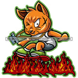Gangster Scarface Cat Skating Skate Board Fire Flames White Background Character Wearing Chain Design Element SVG JPG PNG Vector Clipart Cricut Cutting Files