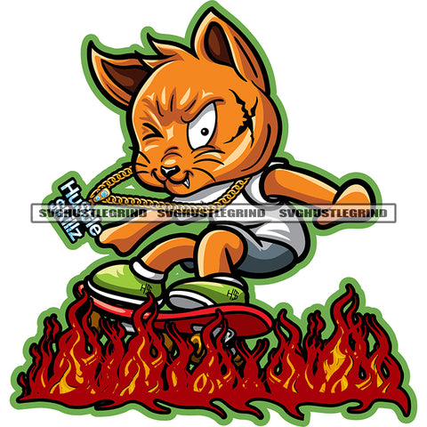 Gangster Scarface Cat Skating Skate Board Fire Flames White Background Character Wearing Chain Design Element SVG JPG PNG Vector Clipart Cricut Cutting Files