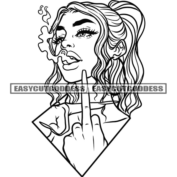 Afro Woman Showing Middle Finger Cross Hand Sign Design Element African American Woman Smoking Marijuana Vector BW Artwork SVG JPG PNG Vector Clipart Cricut Silhouette Cut Cutting