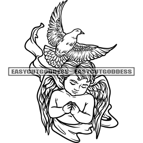 Afro Baby Angle Hard Praying Hand Pigeon Bird Fly African American Angle Wings BW Artwork Design Element SVG JPG PNG Vector Clipart Cricut Silhouette Cut Cutting