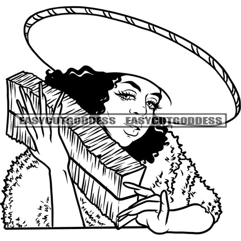 African American Woman Holding Money Bundle And Wearing Cap Curly Hairstyle Long Nail Design Element BW Artwork SVG JPG PNG Vector Clipart Cricut Silhouette Cut Cutting