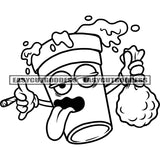 Funny Mug Cartoon Character Holding Smoking And Marijuana And Money Bag Water Dripping Vector BW Artwork Design Element SVG JPG PNG Vector Clipart Cricut Silhouette Cut Cutting