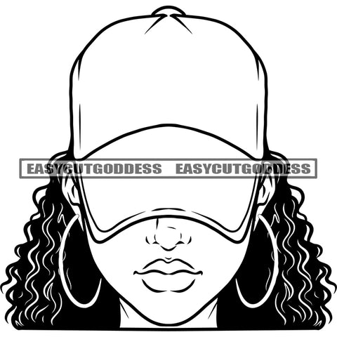 Black And White African Woman Head Design Element Wearing Hoop Earing And Cap Afro Woman Curly Hairstyle Black And White Artwork BW SVG JPG PNG Vector Clipart Cricut Silhouette Cut Cutting