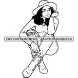 Sexy African American Woman Setting Pose Wearing Hat Curly Hairstyle Smile Face Black And White Artwork Vector SVG JPG PNG Vector Clipart Cricut Silhouette Cut Cutting