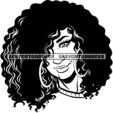Black And White Artwork Smile Face African American Woman Face Design Element Afro Woman Curly Long Hairstyle Wearing Hoop Earing Smile Face Woman Head BW SVG JPG PNG Vector Clipart Cricut Silhouette Cut Cutting