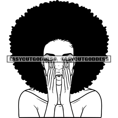 Black And White Artwork African American Woman Depression Pose Long Nail Hand On Mouth Afro Hairstyle SVG JPG PNG Vector Clipart Cricut Silhouette Cut Cutting