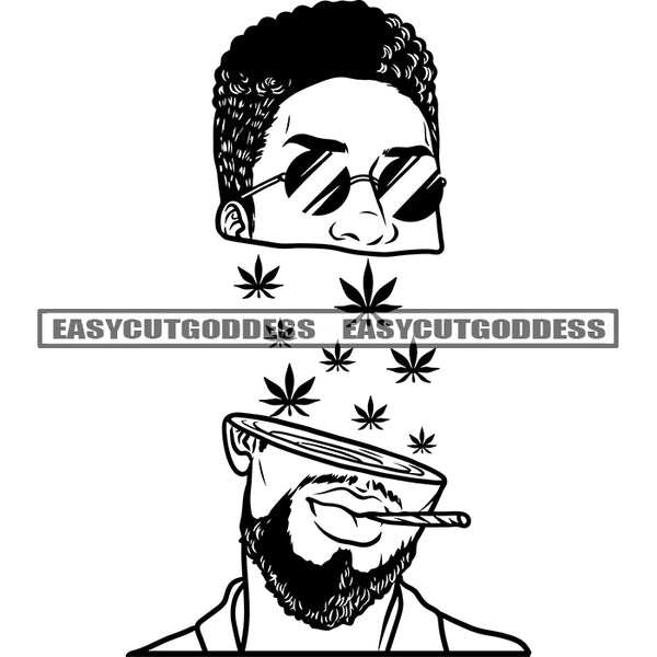 Black And White Artwork African Man Half Face Design Element Smoking Marijuana And Leaf Wearing Sunglasses BW Artwork Leaf Symbol SVG JPG PNG Vector Clipart Cricut Silhouette Cut Cutting