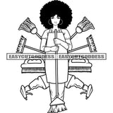 African American Cleaner Woman Standing Holding Brush Cleaner Accessories Afro Hairstyle Wearing Hoop Earing Vector Design Element BW Artwork Hardworking Man SVG JPG PNG Vector Clipart Cricut Silhouette Cut Cutting