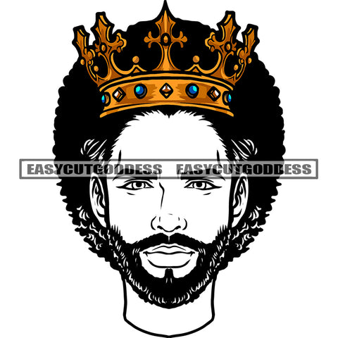 Crown On Head Golden Color Crown African American Man Head Design Element Black And White Artwork Afro Hairstyle Gentleman Handsome Boys SVG JPG PNG Vector Clipart Cricut Silhouette Cut Cutting