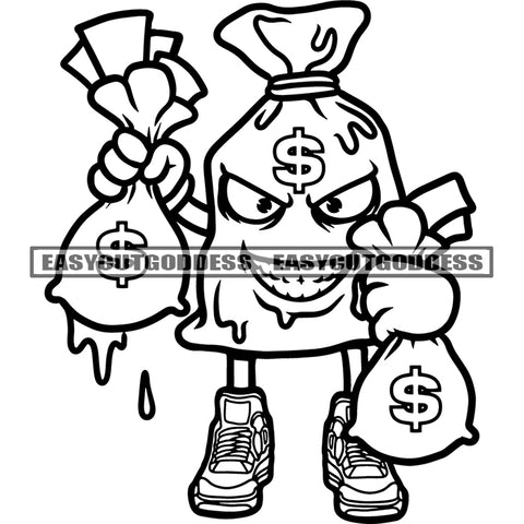 Funny Money Bag Cartoon Character Hand Holding Also Money Bag Dollar Sign On Head Color Dripping BW Artwork SVG JPG PNG Vector Clipart Cricut Silhouette Cut Cutting