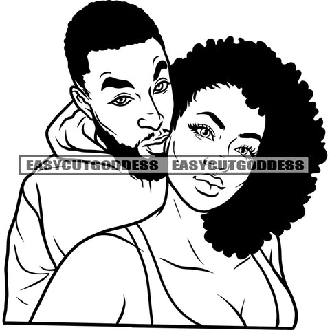 African American Romantic Couple Hugging Pose Afro Hairstyle Woman Wearing Hoop Earing Vector Smile Face BW Artwork SVG JPG PNG Vector Clipart Cricut Silhouette Cut Cutting