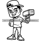 Afro Boy Holding Coffee Mug And Money Dripping Machine Wearing Cap Smile Face Artwork Design Element BW SVG JPG PNG Vector Clipart Cricut Silhouette Cut Cutting