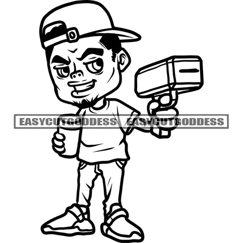 Afro Boy Holding Coffee Mug And Money Dripping Machine Wearing Cap Smile Face Artwork Design Element BW SVG JPG PNG Vector Clipart Cricut Silhouette Cut Cutting