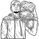 African American Gangster Boy Holding Marijuana Packet Wearing Cap Smile Face Design Element BW Artwork SVG JPG PNG Vector Clipart Cricut Silhouette Cut Cutting