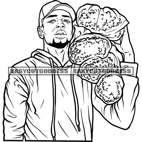 African American Gangster Boy Holding Marijuana Packet Wearing Cap Smile Face Design Element BW Artwork SVG JPG PNG Vector Clipart Cricut Silhouette Cut Cutting