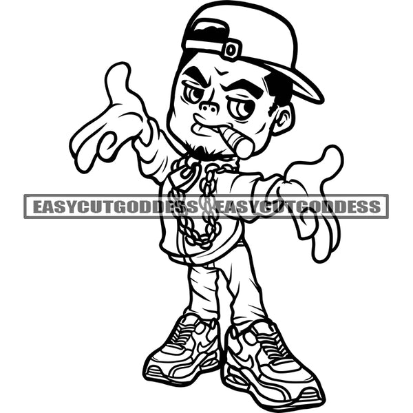 Gangster Boys Smoking Marijuana Wearing Cap Black And White Artwork Design Element Wearing Chain Vector SVG JPG PNG Vector Clipart Cricut Silhouette Cut Cutting