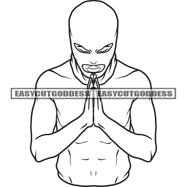 Gangster African American Man Hard Praying Hand Vector Afro Woman Wearing Musk BW Artwork SVG JPG PNG Vector Clipart Cricut Silhouette Cut Cutting