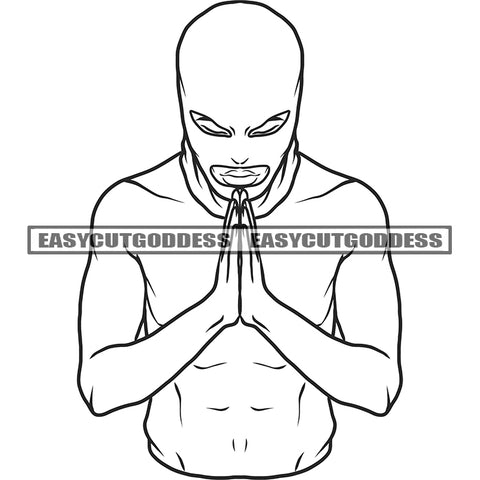 Gangster African American Man Hard Praying Hand Vector Afro Woman Wearing Musk BW Artwork SVG JPG PNG Vector Clipart Cricut Silhouette Cut Cutting