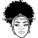 African American Woman Head Curly Hairstyle Wearing Head Smile Face Hoop Earing Design Element Black And White Artwork BW SVG JPG PNG Vector Clipart Cricut Silhouette Cut Cutting