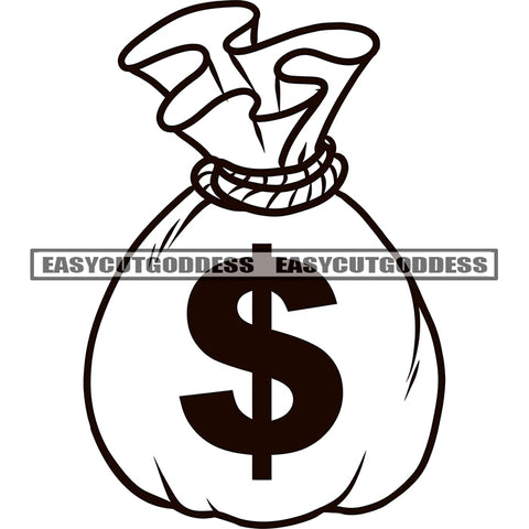 Money Bag Design Element Black And White Artwork Dollar Sign On Money Bag Vector SVG JPG PNG Vector Clipart Cricut Silhouette Cut Cutting