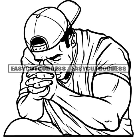 Afro Man Thinking Pose Depression Black And White Man Character Artwork Afro Man Wearing Hat Design Element SVG JPG PNG Vector Clipart Cricut Silhouette Cut Cutting