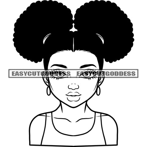 African American Girls Ponytail Stock Black And White Design Element Cute Afro Kid Wearing Hoop Earing BW Smile Face Vector SVG JPG PNG Vector Clipart Cricut Silhouette Cut Cutting