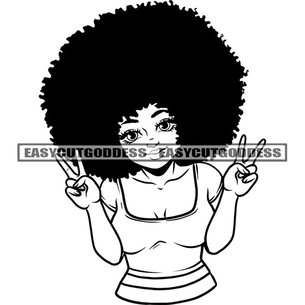 Peach Hand Sign African American Sexy Woman Afro Hairstyle Design Element Black And White Artwork Smile Face SVG JPG PNG Vector Clipart Cricut Silhouette Cut Cutting