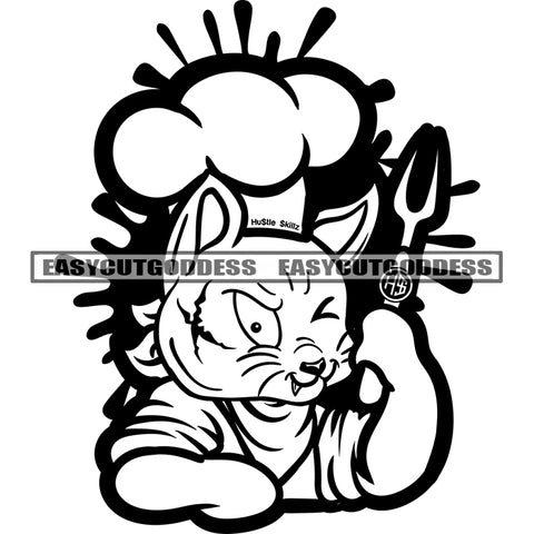 Gangster Cat Holding Spoor Cat Scarface Wearing Hat Black And White Color Cat Character Smile Face Design Element BW Color Dripping SVG JPG PNG Vector Clipart Cricut Silhouette Cut Cutting