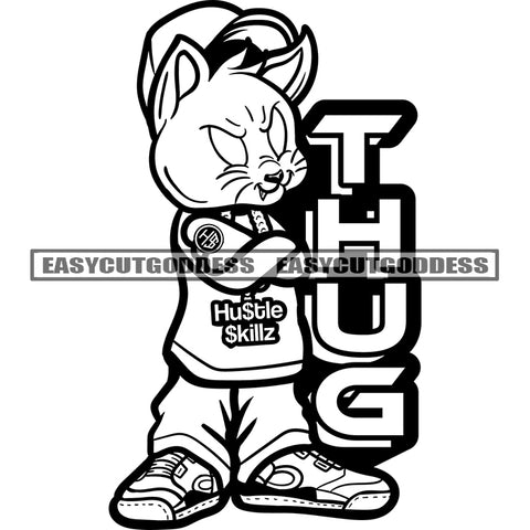 Thug Quote Gangster Cat Holding Spoor Cat Scarface Wearing Hat Cat Standing Black And White Color Cat Character Smile Face Design Element BW Color Dripping SVG JPG PNG Vector Clipart Cricut Silhouette Cut Cutting