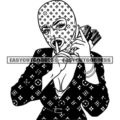Shut Up Hand Sign Afro Sexy Woman Wearing Coat And Face Musk Design Element Hand Holding Money Vector BW Artwork SVG JPG PNG Vector Clipart Cricut Silhouette Cut Cutting