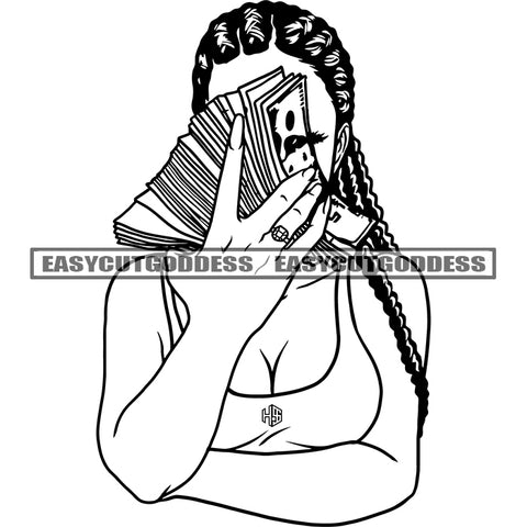 Sexy African American Woman Holding Money Note Hide Face Long Hairstyle African American Woman Wearing T-Shirt BW Artwork SVG JPG PNG Vector Clipart Cricut Silhouette Cut Cutting
