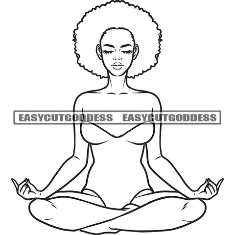African American Sexy Woman Yoga Meditation Pose Wearing Bikini Afro Hairstyle Black And White Artwork SVG JPG PNG Vector Clipart Cricut Silhouette Cut Cutting