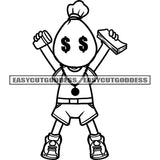Funny Baby Money Bag Cartoon Hand Holding Coffee Mug And Money Bundle Dollar Sign On Cartoon Eyes BW Artwork SVG JPG PNG Vector Clipart Cricut Silhouette Cut Cutting