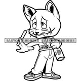 Black And White Gangster Scarface Character Holding Bear Bottle And Marijuana Smoking Pose Design Element Cat Standing BW SVG JPG PNG Vector Clipart Cricut Silhouette Cut Cutting