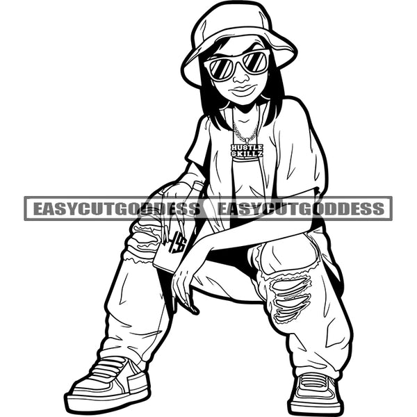 African American Girls Wearing Sunglass And Cap BW Artwork Black And White Design Element Smile Face Vector SVG JPG PNG Vector Clipart Cricut Silhouette Cut Cutting