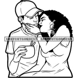 African American Romantic Couple Kissing Pose Close Eyes Wearing Cap And Hoop Earing Curly Hairstyle Black And White Artwork Man Holding Mug And Straw SVG JPG PNG Vector Clipart Cricut Silhouette Cut Cutting