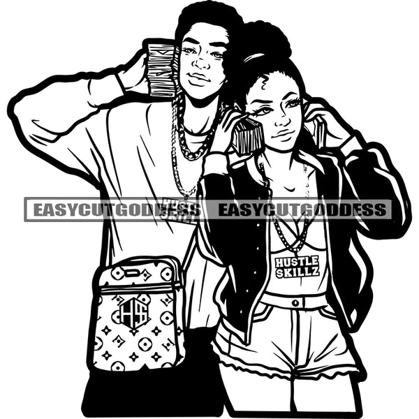 African American Couple Holding Money Bundle Afro Hairstyle Black And White Wearing Side Bag Design Element BW Sexy Pose SVG JPG PNG Vector Clipart Cricut Silhouette Cut Cutting