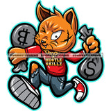 Gangster Cat Scarface Cartoon Character Running Cash Bags Evil Sarcastic Face Gold Hustler Chain Vector White Background SVG JPG PNG Vector Clipart Cricut Cutting Files