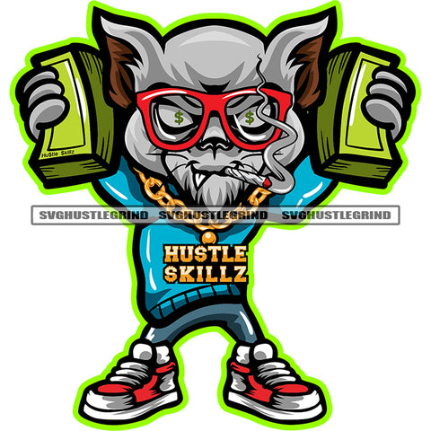 Gangster Cat Smoking Marijuana Weed Cat Holding Bundle Money Gangster Cat Wearing Sunglass Vector Design Element White Background SVG JPG PNG Vector Clipart Cricut Cutting Files