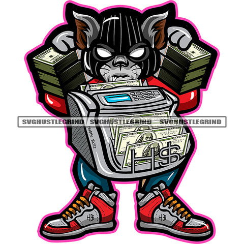 Money Register Counting Machine Gangster Cat Money Investor Grind Grinding Hustler Hustling Designs White Background Holding Money Bundle SVG JPG PNG Vector Clipart Cricut Cutting Files