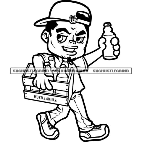 Young Melanin Gangster Boy Holding Bear Case Vector Artwork Black And White BW Melanin Boy Wearing Cap Smile Face Design Element SVG JPG PNG Vector Clipart Cricut Cutting Files