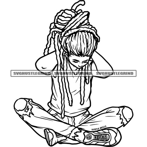 Gangster Locus Hair Style Black And White BW Woman Sitting Design Element Yoga Position Vector Color Artwork Body White Background SVG JPG PNG Vector Clipart Cricut Cutting Files