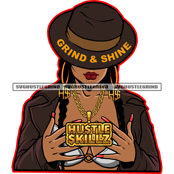 African American Woman Wearing Cowboy Hat Big Ear Hoop Ring Curly Hair Cute Face Long Nail No Eyes Vector Design Element White Background SVG JPG PNG Vector Clipart Cricut Cutting Files