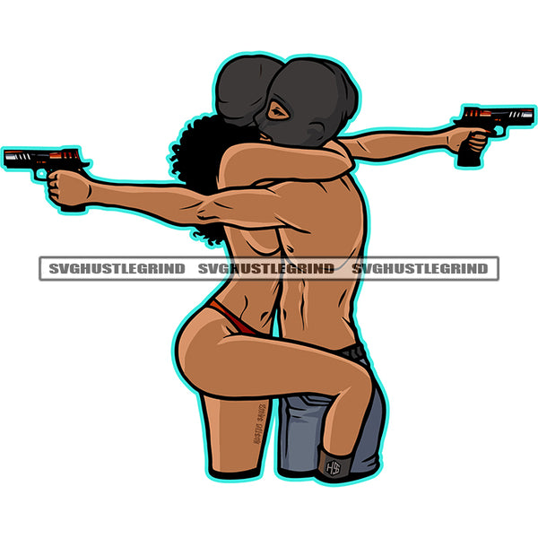 Gangster Couple Hug Each Other Melanin Woman And Man Holding Gun Vector Wearing Mask Design Element Woman Curly Hair SVG JPG PNG Vector Clipart Cricut Cutting Files