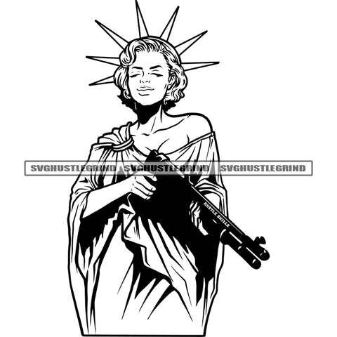 Melanin Woman Statue Of Liberty Vector Holding Gun Design Element Black And Whit BW Crown On Head White Background Golden Hair SVG JPG PNG Vector Clipart Cricut Cutting Files