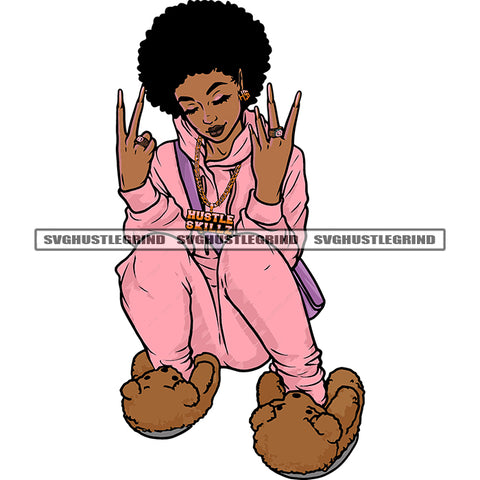 Afro Woman Beautiful Face Design Element Afro Hairstyle Woman Peach Hand Sign Sitting Design Wearing Bear Shoe White Background SVG JPG PNG Vector Clipart Cricut Cutting Files