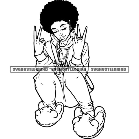 Afro Woman Beautiful Face Design Element Afro Hairstyle Woman Black And White BW Peach Hand Sign Sitting Design Wearing Bear Shoe SVG JPG PNG Vector Clipart Cricut Cutting Files
